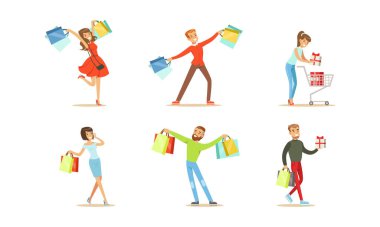 Alışveriş Torbası Taşıyan İnsanlar, Mağazada Mevsimsel Satış Yapan Mutlu Genç Erkekler ve Kadınlar, Alışveriş Merkezi Çizgi Roman Sanatçısı