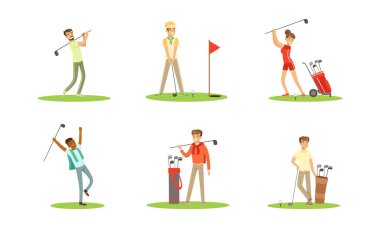 Golf Oyuncuları Set, Neşeli İnsanlar Golf Kulübü, Spor Etkinliği, Hobi Çizgi Film Vektör İllüstrasyonu