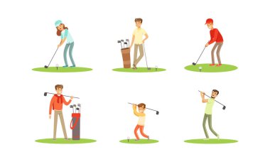 İnsanlar Golf Seti, Erkekler ve Kadınlar Golf Oyuncuları Golf Kulübü, Spor Faaliyetleri, Hobi Çizgi Film Vektör İllüstrasyonu Eğitimi