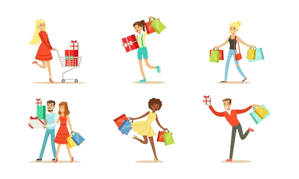 Set gelukkige mensen die boodschappentassen en geschenkdozen dragen, gelukkige jonge mannen en vrouwen die winkelen in de winkel, winkelcentrum Cartoon Vector Illustratie — Stockvector