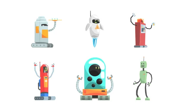 Conjunto de personajes de dibujos animados de robots, Amistosos asistentes de Android, Ilustración de vectores de trabajadores de inteligencia artificial — Vector de stock