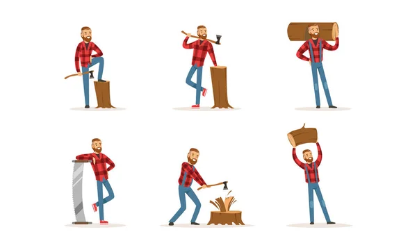 动作套件中的快乐胡子木杰克，带工作工具的木制卡通人物形象卡通人物卡通人物卡通画 — 图库矢量图片