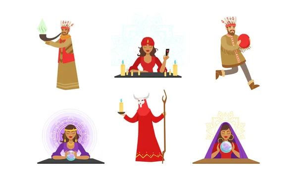 Fortune Teller and Shaman Characters Set, People Performing Religious Ceremonies and Divining with Magic Objects Cartoon Vector Illustration — Stock Vector