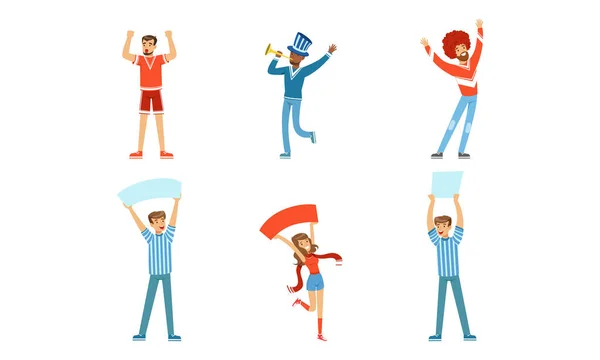 Happy Fans Cheering for Their Team Set, Vrolijke mensen dragen rode en blauwe kleren Ondersteuning van atleten Cartoon Vector Illustratie — Stockvector