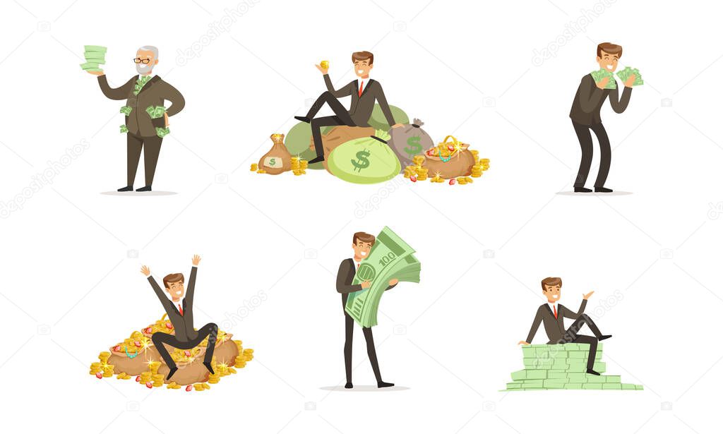 Happy Rich People Set, Men Millionaires Counting and Bathing in Money Cartoon Vector Illustration