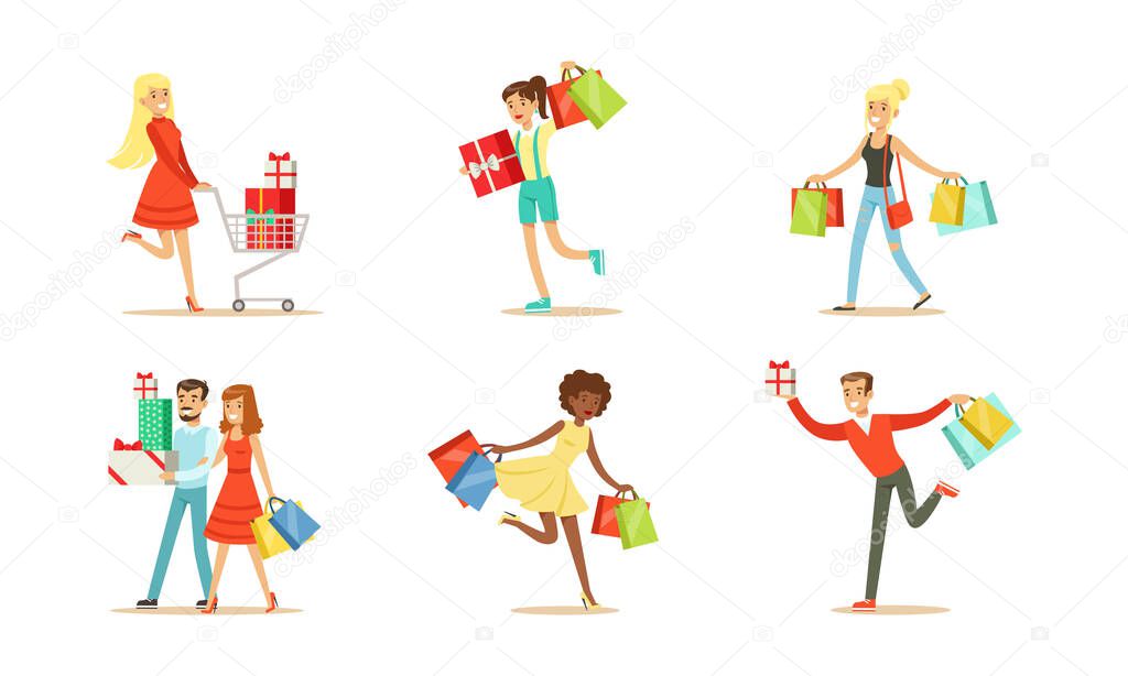 Set of Happy People Carrying Shopping Bags and Gift Boxes, Happy Young Men and Women Shopping in Store, Shopping Center Cartoon Vector Illustration