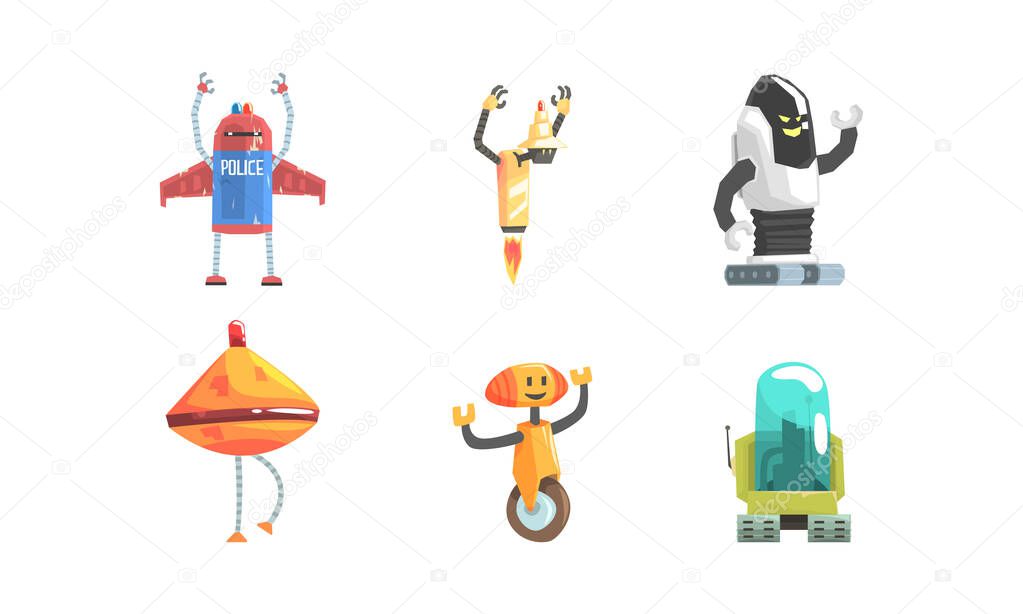 Set of Robot Characters, Android Assistant, Artificial Intelligence Worker Cartoon Vector Illustration