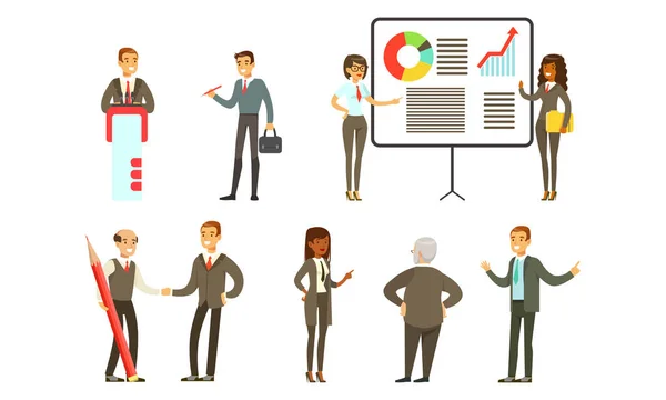 Business Workflow Set, Business People Werken op kantoor, Onderhandelen en brainstormen Cartoon Vector Illustratie — Stockvector