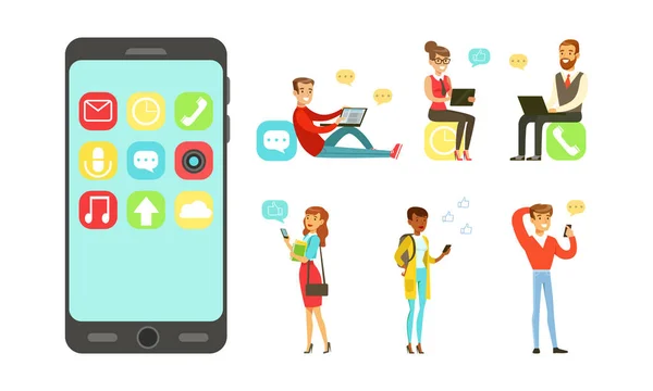 Young People Using Modern Gadgets Set, Cheerful Men and Women Chatting and Communicating with Smartphone, Tablet PC and Laptop Computers Cartoon Vector Illustration — стоковий вектор