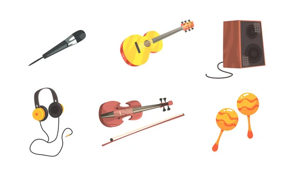 Instrumentos y Dispositivos Musicales para Escuchar Música, Micrófono, Guitarra, Violín, Auriculares, Maracas Cartoon Vector Illustration — Vector de stock