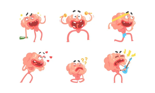 Funny Brain Cartoon Character Set, Cervello umanizzato che fa sport, Chitarra da gioco, Bere bevande alcoliche Illustrazione vettoriale del fumetto — Vettoriale Stock