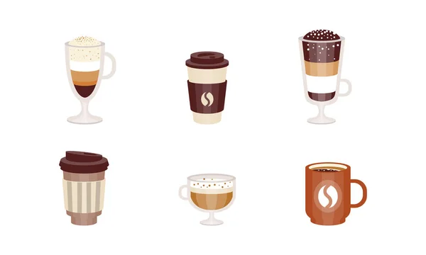 Комплект чашки кофе, одноразовые пластиковые, бумажные, керамические и стеклянные кружки, кафе, меню ресторана Дизайн мультфильма вектор иллюстрация — стоковый вектор