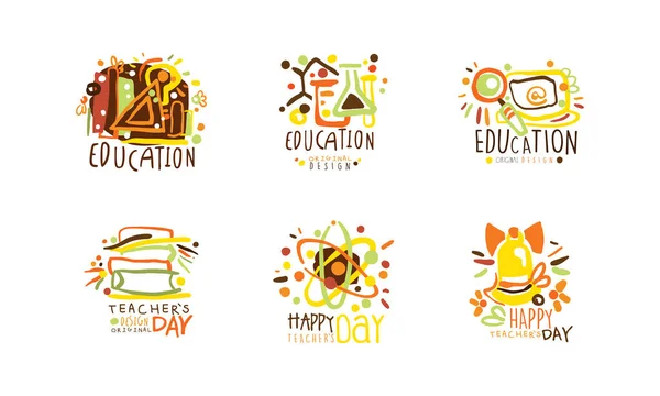 Happy Teachers Day Original logo Design Set, Education Hand Drawn Badges Vector Illustration — Stock Vector