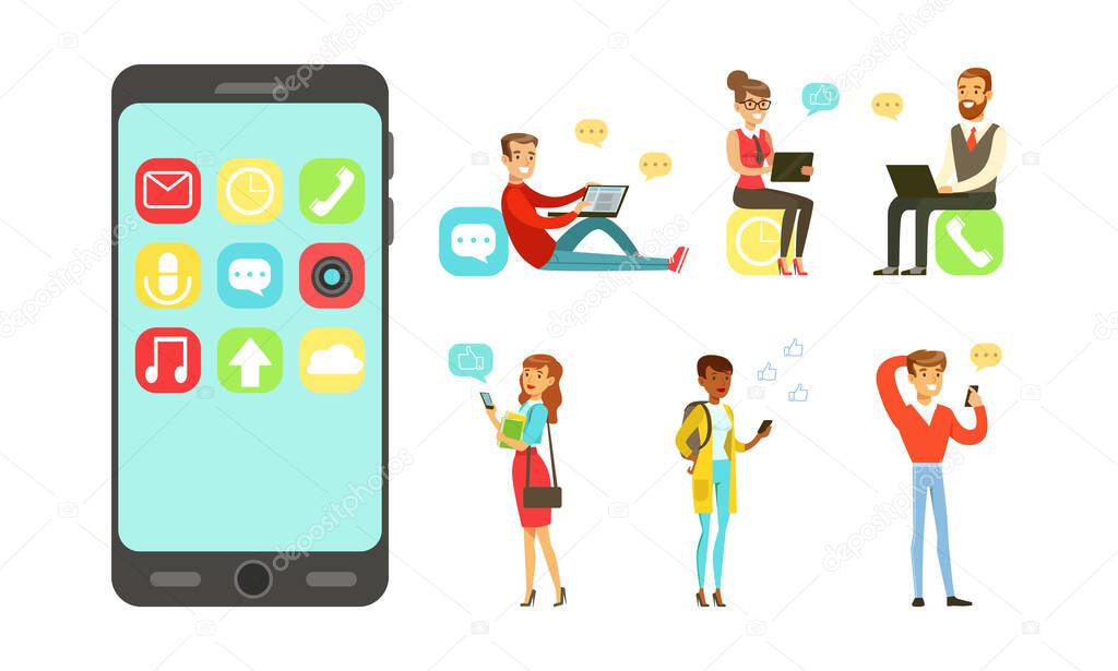 Young People Using Modern Gadgets Set, Cheerful Men and Women Chatting and Communicating with Smartphone, Tablet PC and Laptop Computers Cartoon Vector Illustration