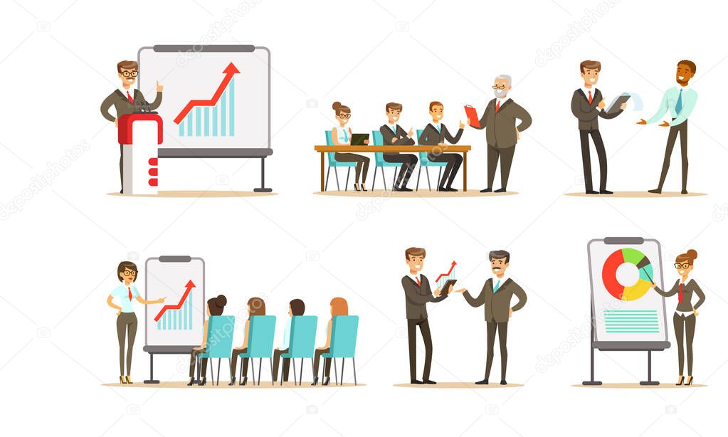 Business Workflow Scenes Set, Business People Working in Office, Taking Part in Business Meeting, Negotiating and Brainstorming Vector Illustration
