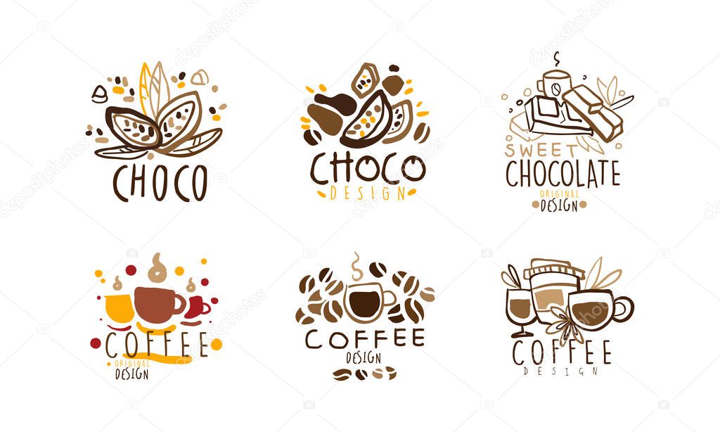 Sweet Chocolate Logo Original Design Set, Coffee Hand Drawn Labels Vector Illustration Isolated on White Background.