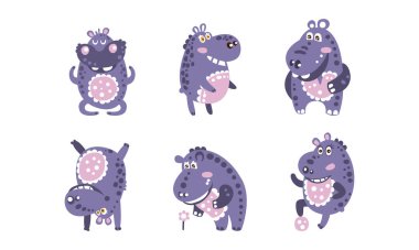 Şirin Bebek Hippo Koleksiyonu, Farklı Pozisyonlarda Sevimli Afrika Hayvanı Çizgi Film Vektör İllüzyonu