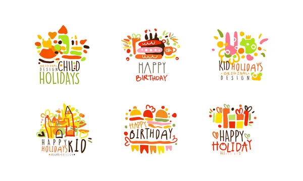 Feste bambino Logo Templates Design Set, Buon compleanno disegnato a mano Badge vettoriale Illustrazione — Vettoriale Stock