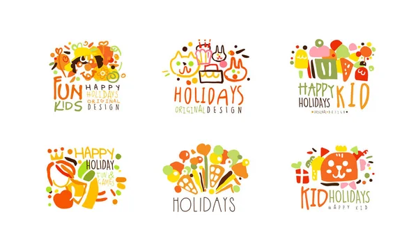 Fun Kids Holidays Logo Original Design Set, Happy Holiday Colorful Hand Drawn Badges Vector Illustration — Stock Vector