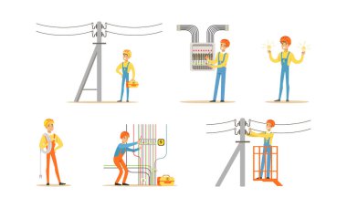 İş Yerindeki Elektrikçiler, Üniforma ve Hardhat Mühendisleri Elektrik Uygulamaları Kurma ve Onarım ve Transformer Vektör İllüzyonu