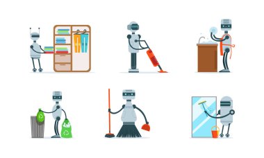 Yurtiçi Robotlar Ayarlandı, Ev Androidi Asistanı Ev İşleri Çizgi Filmi Vektör İllüstrasyonunda İnsanlara Yardım Ediyor