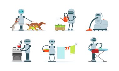 Yerel Robotlar Ayarlandı, Yapay Zeka Android Asistanı Ev İşleri Çizgi Filmi Vektör Resimlerinde İnsanlara Yardım Ediyor