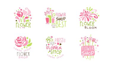 En İyi Çiçekçi Logosu Şablonu Seti, Çiçekçi Butik Pembe El Çizimi Rozet Vektör Resimleri