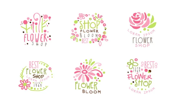 Blumenladen Logo Vorlagen Set, Blühende Blumen Handgezeichnete Abzeichen Vektor Illustration — Stockvektor