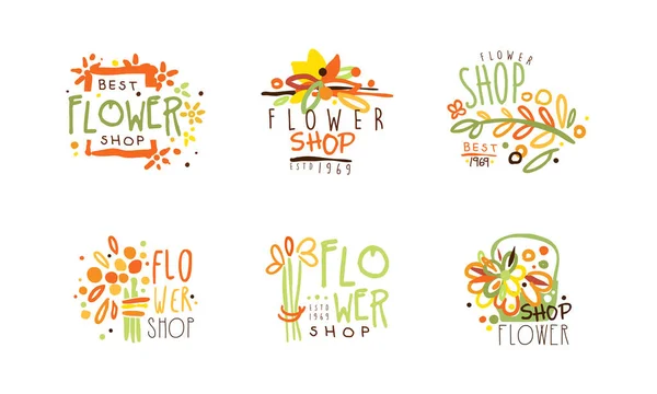 Miglior set di modelli di logo negozio di fiori, Illustrazione vettoriale dei distintivi retrò disegnati a mano boutique fiorista — Vettoriale Stock