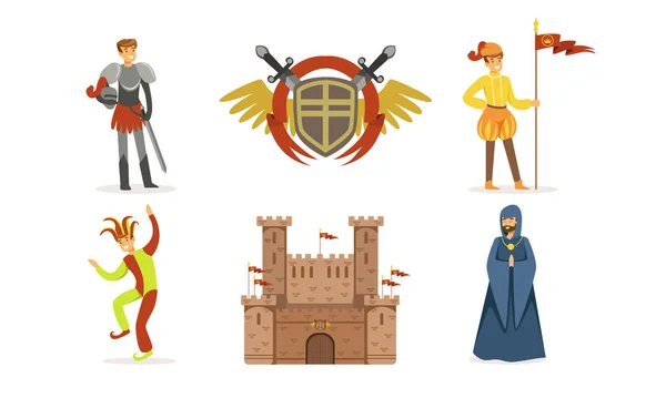 Mittelalterliches Europäisches Königreich Set, Mittelalter oder Märchenfiguren, Ritter, Herold, Narr, Prediger Cartoon Vector Illustration — Stockvektor