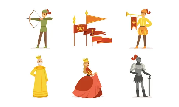Conjunto de reino medieval, personajes europeos de la Edad Media o cuento de hadas, arquero, heraldo, rey, reina, ilustración vectorial de dibujos animados de caballero — Vector de stock