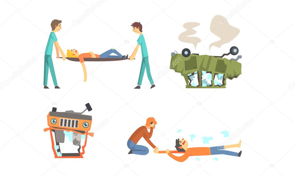 Road Traffic Accident, Paramedics Rescuing and Transporting Injured Patient to Hospital on Stretcher Cartoon Vector Illustration