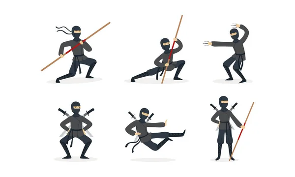 Ninja Warriors Set, персонаж японского боевика, одетый в черную одежду, и Маска в карикатурном стиле — стоковый вектор