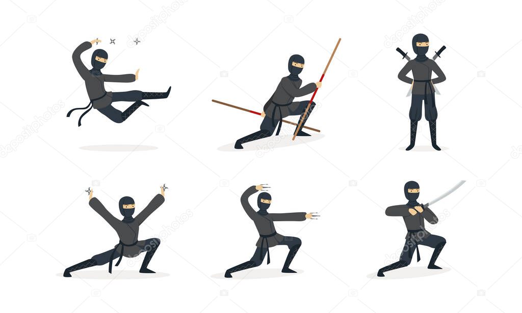 Ninja Warriors Set, Japanese Fighter Wearing Black Clothes and Mask Fighting with Traditional Asian Weapon Cartoon Vector Illustration