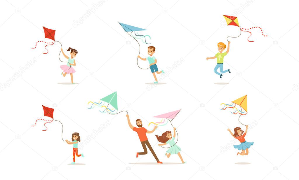 Boys and Girls Having Fun with Kites Outdoors Set, Parents and Kids Spending Good Time Together in Park Cartoon Vector Illustration