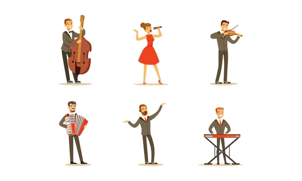 Набор профессиональных классических музыкантов и певцов, людей, выступающих на векторной иллюстрации сценического мультика — стоковый вектор