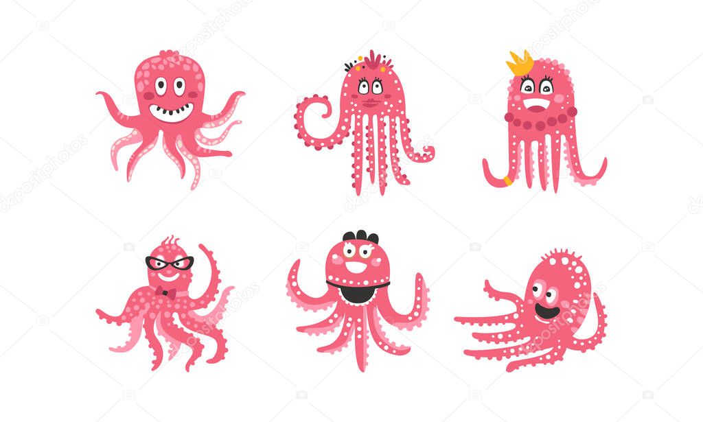 Cute Pink Octopus Characters Collection, Funny Sea Creatures with Smilling Faces Cartoon Vector Illustration