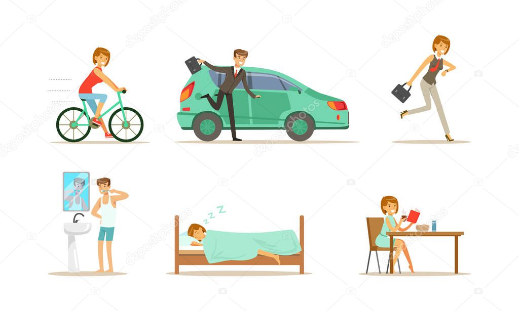 People Daily Routine Set, Man and Woman in Everyday Life, People Sleeping, Cleaning Teeth, Eating, Riding Bike Cartoon Vector Illustration