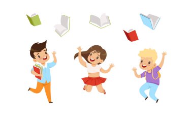 Sevimli çocuklar neşeyle zıplıyor ve kitapları hava vektörü setine fırlatıyor.