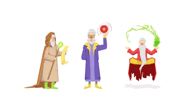 Wizard or Sorcerer as Wise Old Man with White Beard Performing Magic Vector Set — Stock Vector