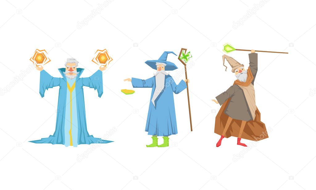 Wizard or Sorcerer as Wise Old Man with White Beard and Pointed Hat Performing Magic Vector Set