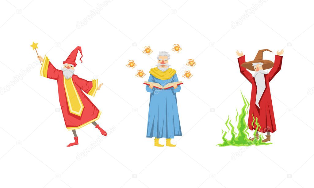 Wizard or Sorcerer as Wise Old Man with White Beard and Pointed Hat Performing Magic Vector Set
