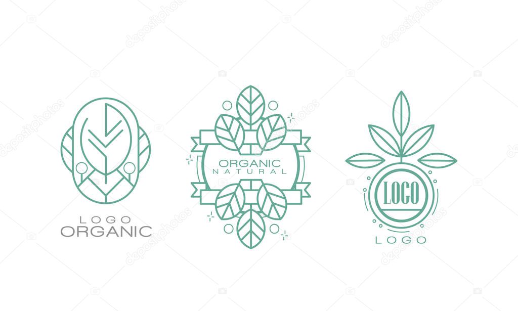 Organic Logo Design with Linear Leaves for Natural Products Vector Set. Graphic Mark or Emblem as Company Public Identification Concept