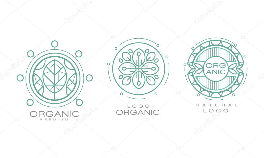 Organic Logo Design with Linear Leaves for Natural Products Vector Set. Graphic Mark or Emblem as Company Public Identification Concept