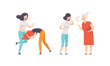 Birbirleriyle tartışan, bağıran ve bağıran kadın illüstrasyon seti