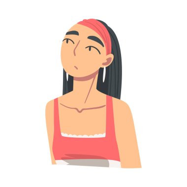 Düşünceli Esmer Kızın Portresi Çizgi Film Vektör Resimlerine Bakıyor