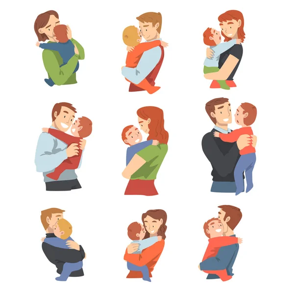 Parents Holding their Babies Set, Happy Parenting and Kids Care Cartoon Vector Illustration — Stock Vector