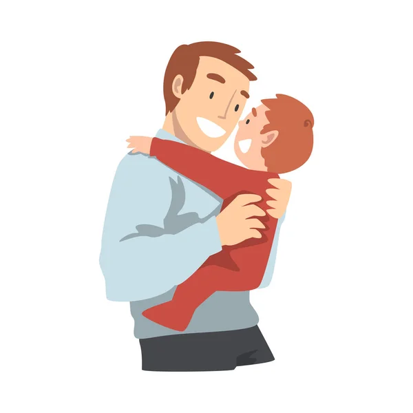 Feliz papá joven abrazando a su bebé pequeño, crianza feliz, paternidad y cuidado de los niños ilustración vectorial de dibujos animados — Vector de stock