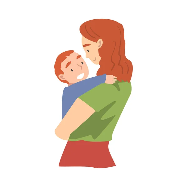 Madre joven sosteniendo a su bebé pequeño en sus brazos, crianza feliz, maternidad y cuidado de los niños Dibujos animados Vector Ilustración — Vector de stock