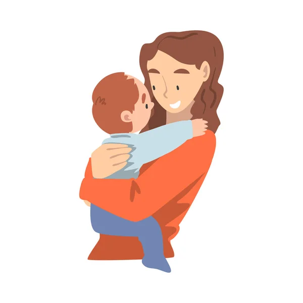 Madre joven sosteniendo a su bebé pequeño, crianza feliz, maternidad y cuidado de los niños ilustración vectorial de dibujos animados — Vector de stock